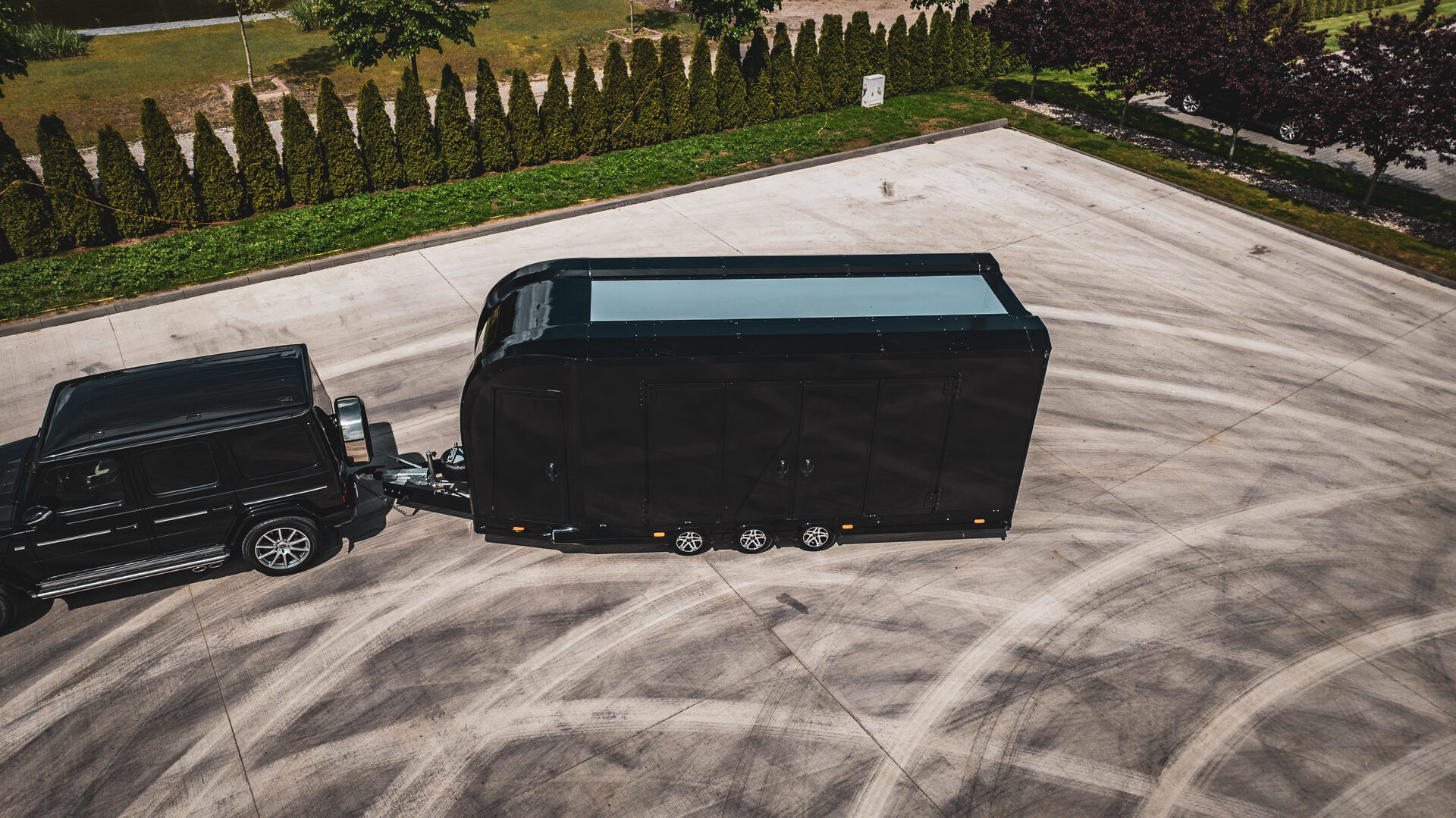 Ceres enclosed car trailer, aerial view